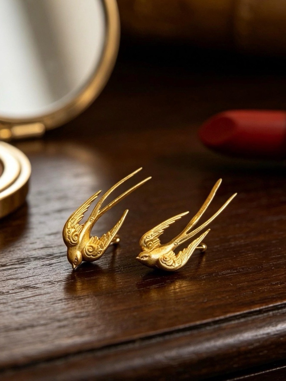 Gold Swallow Bird Stud Earrings - Picture 1 of 3